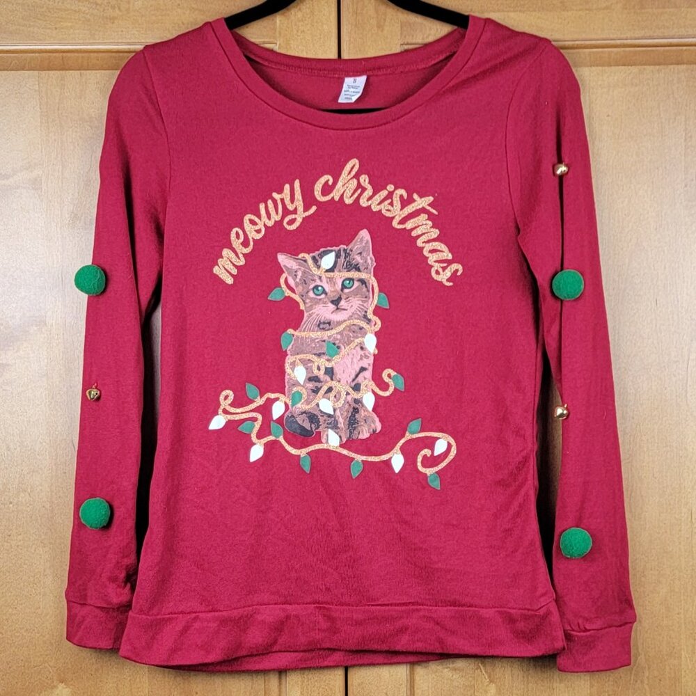 Red Lightweight Sweater Meowy Christmas Blingy Kitty Cat Holiday Sweater - S